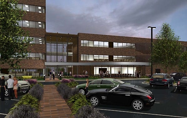 The design of a new entrance vestibule is explored in this rendering of a BIM model