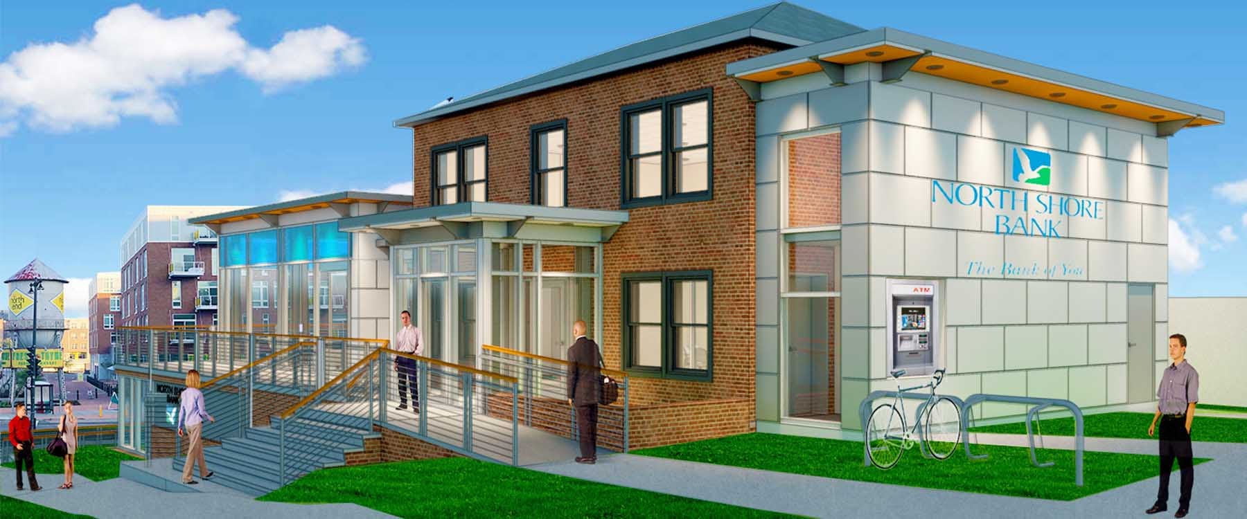 North Shore Bank at North End, rendering showing bank amenities such as ATM machines
