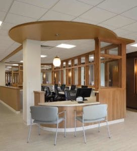 Aspirus Wausau Hospital Cancer Care Nurse Station illustrating how partial enclosure can increase worker safety