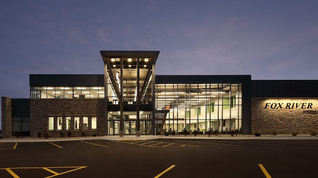 Waterford School District - Fox River Middle School Exterior at Dusk