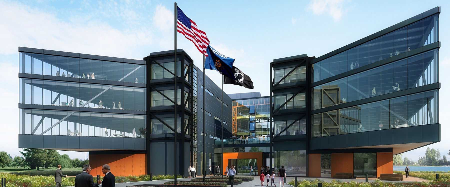 Confidential Corporate Client rendering illustrating how materials, form, and color can help create a new corporate identift.