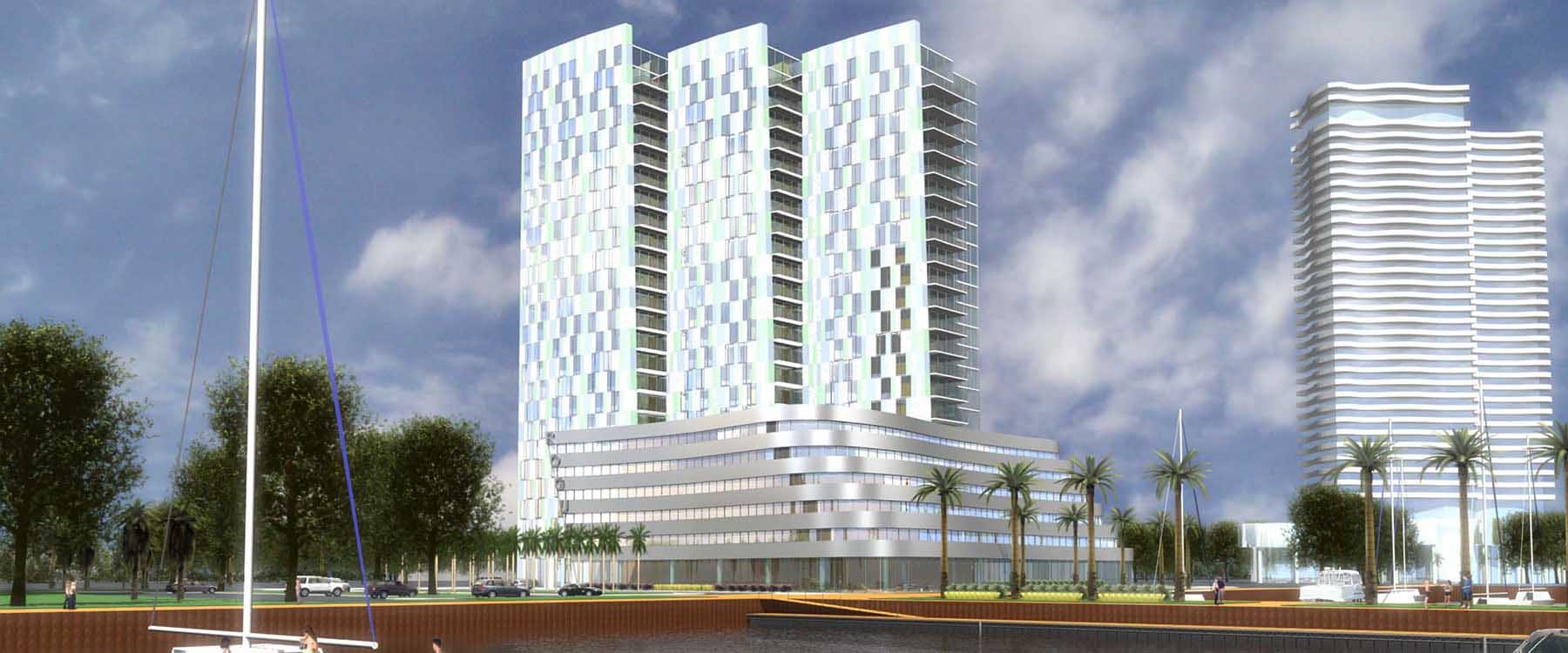 PRA Unbuilt Architecture: The-Rogue-Hotel-Exterior-Rendering illustrating dynamic form that increases views and use of metal panels to use reflection as a design element.