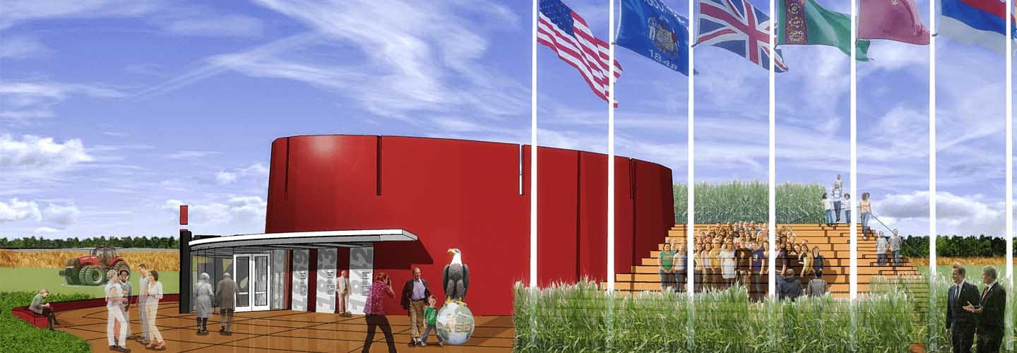 PRA Unbuilt Architecture: Case IH Rendering of Corporate Office Racine Wisconsin employs color, form, and creative grading to highlight the company brand and evoke the product