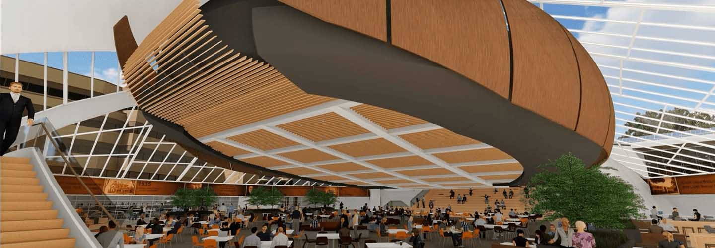 PRA Unbuilt Architecture: Confidential Corporate Client in Wisconsin. Form, materials, and nature combine to provide new workplace atmosphere to important social and work spaces.