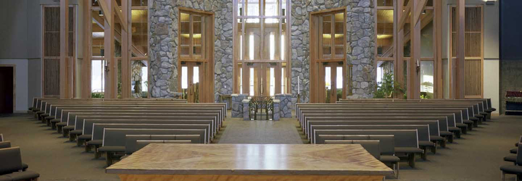 The Sanctuary, as viewed from the Altar and looking towards the Baptismal Font of Holy Family Catholic Church in Woodruff, Wisconsin
