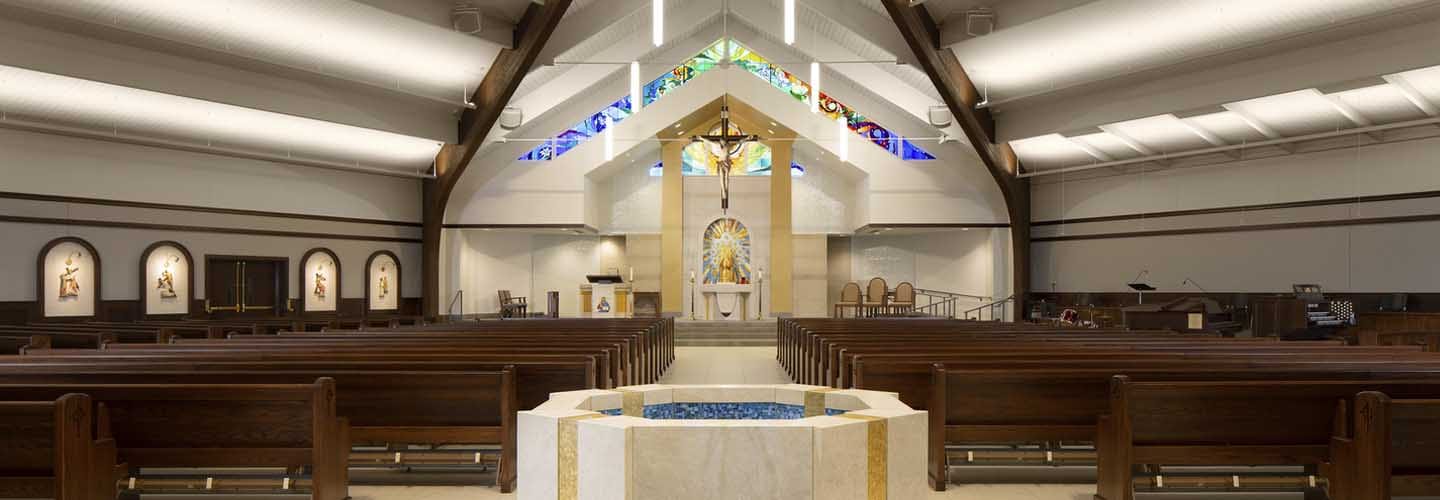 The modern Baptismal Fond of Lumen Christi Catholic Church, in Mequon, Wisconsin
