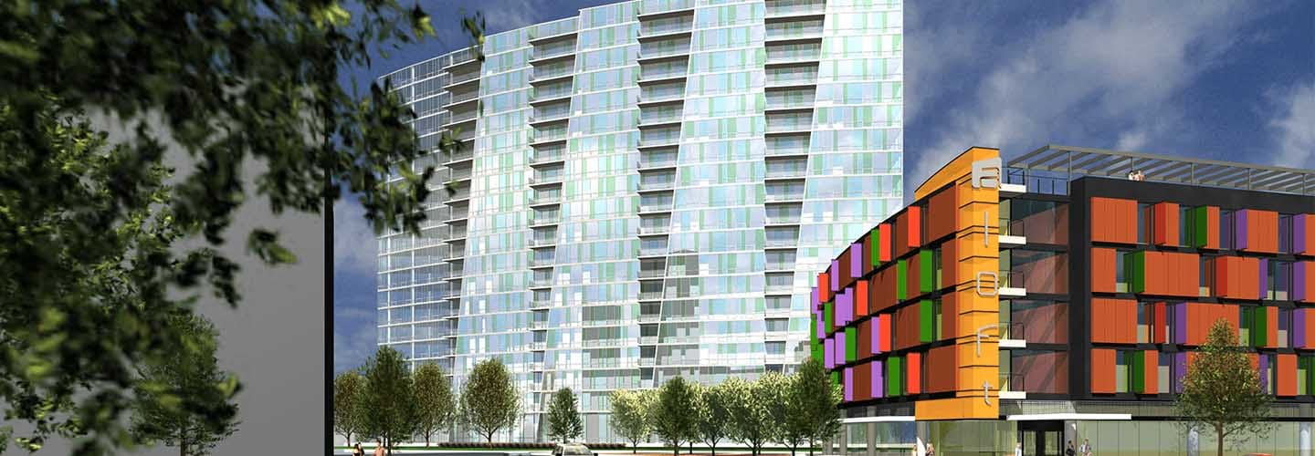 PRA Unbuilt Architecture: McKinley Water Rendering Milwaukee Wisconsin illustrating color, glass, and form help place making in modernist architecture