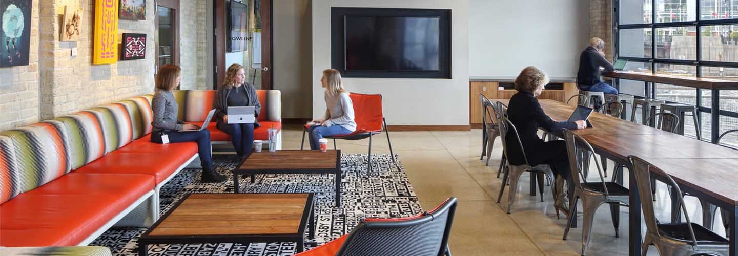 A modern office workplace integrates a variety of places for work, including settings often thought of as strictly social settings.