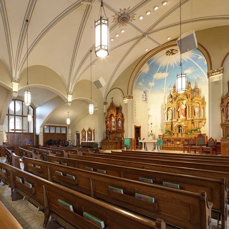 The Sanctuary of St. Peter Catholic Church in Slinger, Wisconsin integrates religious symbolism and modern technology.