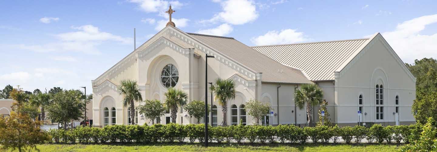 St. Catherine Of Siena Kissimmee Florida Exterior. The design incorporates stylistic references to traditional Florida Religious Architecture and Catholic Symbology