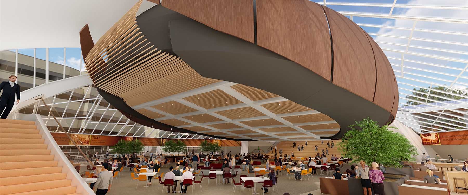 Corporate lobby rendering for a confidential client illustrates dynamic space that supports welcoming and gathering for both work and socialization in this design for a modern office.