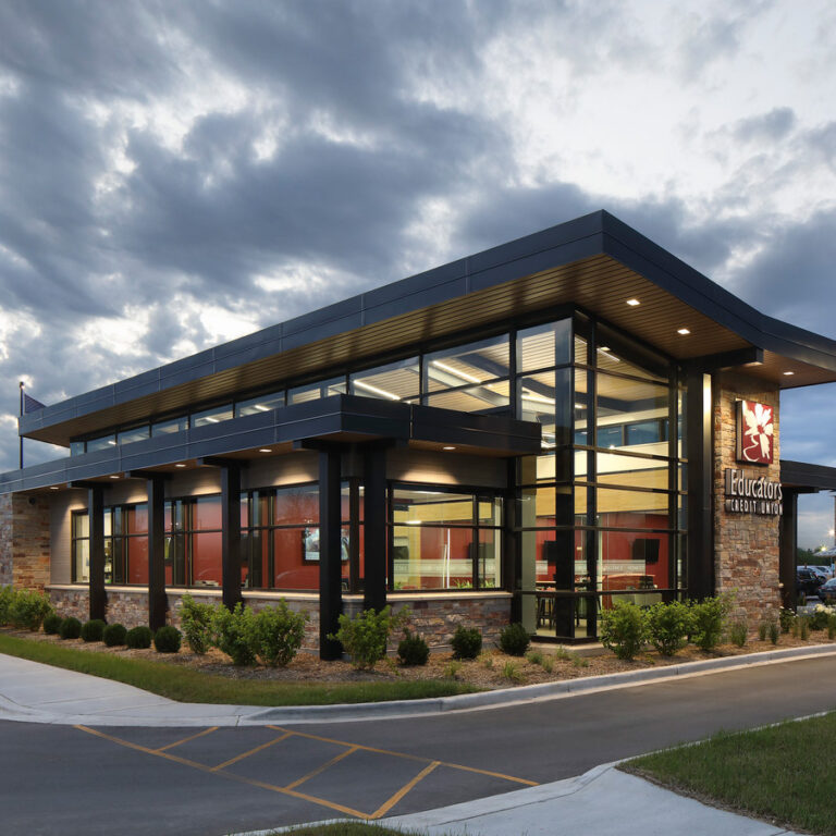 Credit union exterior at dusk